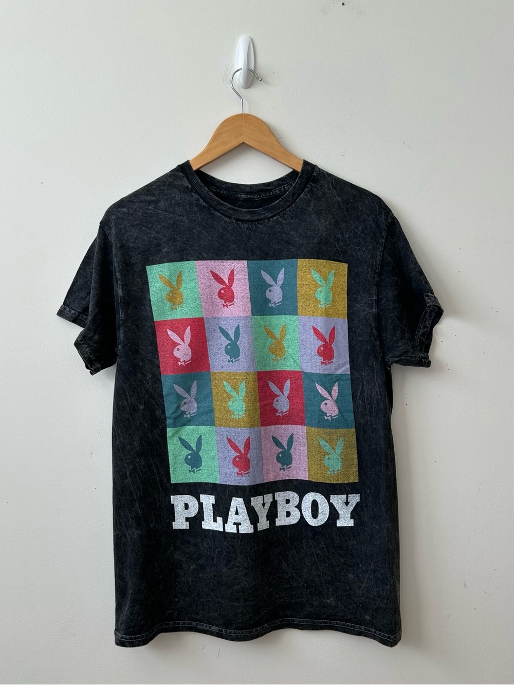 Playboy Washed Black Bunny Logo Grid Vintage Style Graphic T-Shirt Size Medium